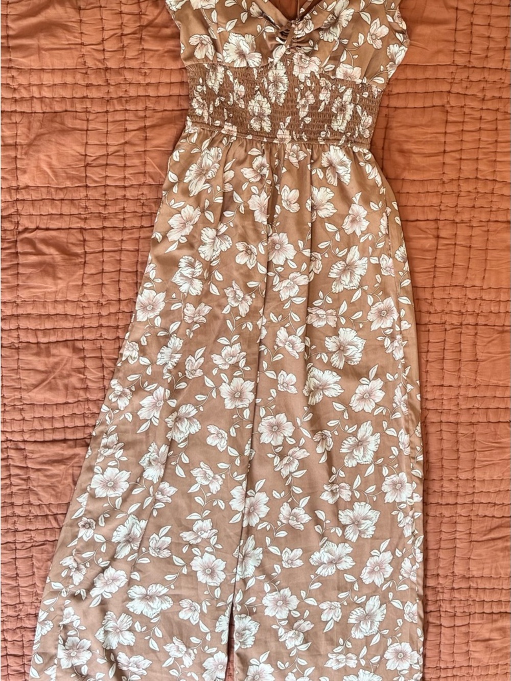 Smocked Waist Floral Jumpsuit in Light Brown